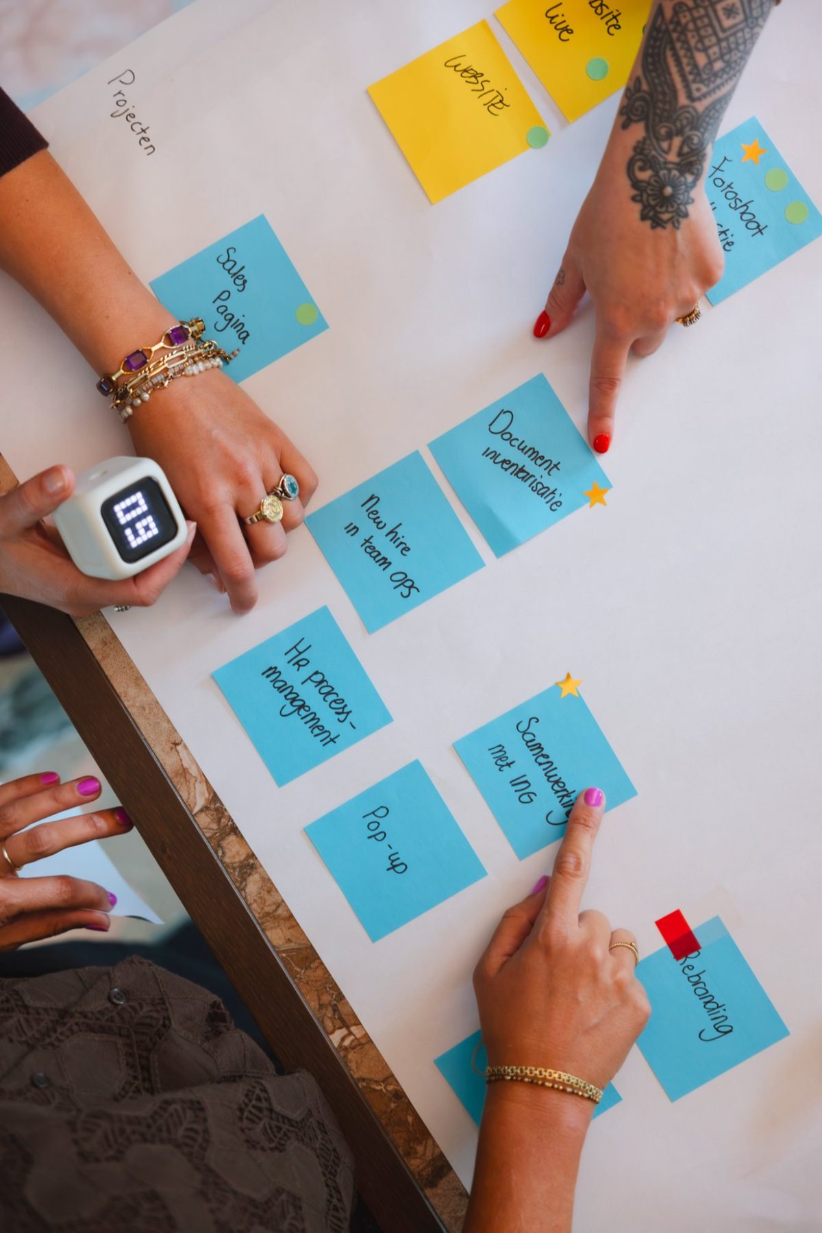 Handen bij post-its op tafel, met een timer
